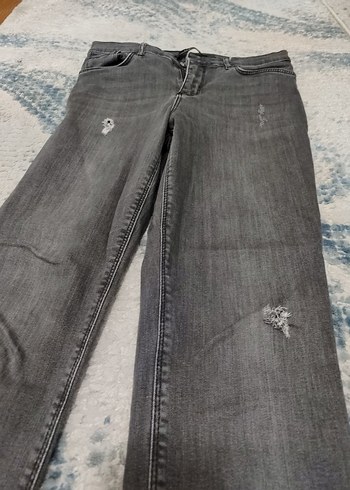 Gri Bağlama Desenli Salaş Midi Kadın Kot Pantolon - Görsel 5