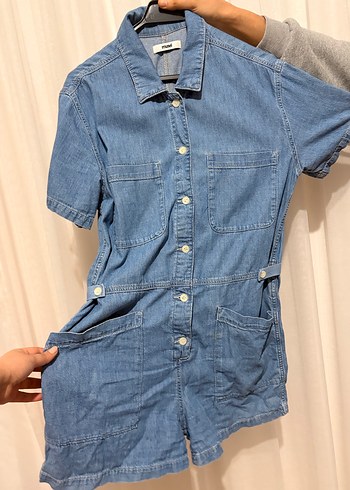 Kadın Mavi Denim Kısa Tulum - Görsel 3