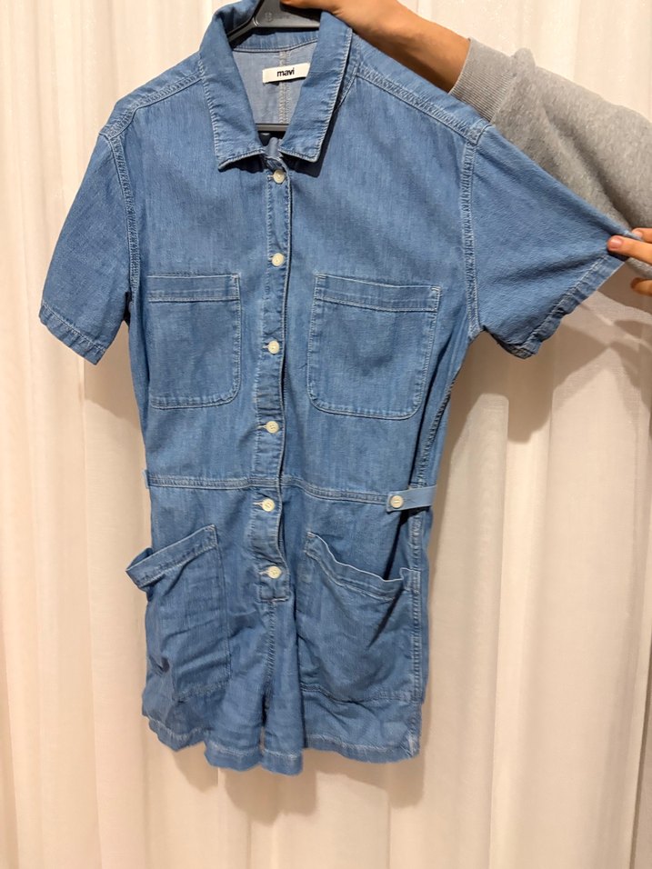 Kadın Mavi Denim Kısa Tulum - Görsel 2