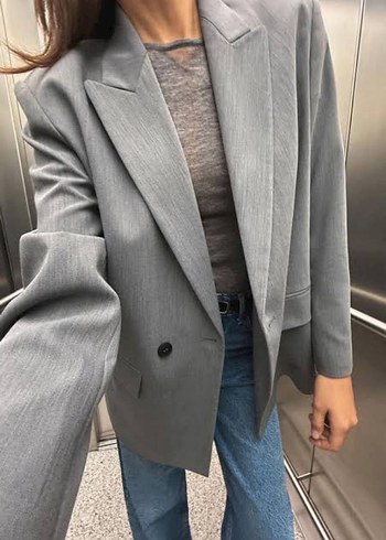 Gri kemerli Kadın blazer Ceket
