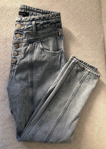 Diğer Düğmeli Gri Denim Kadın Pantolon