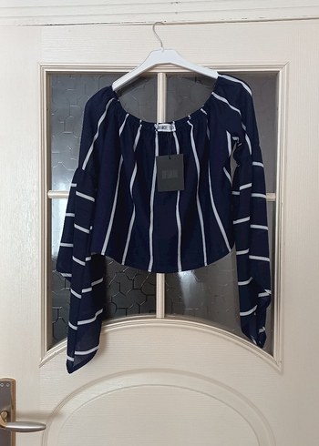 Lacivert Çizgili Pilili Mini Bluz