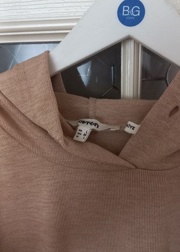 l Beden Bej Kadın Kapüşonlu Uzun Kollu Sweatshirt