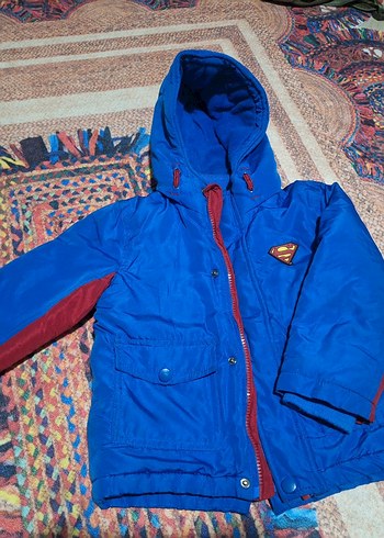 süpermen logo baskılı,Mavi Kapüşonlu Fermuarlı Erkek Çocuk Mont