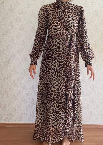 Abiye Leopar Desenli Uzun Bohem Elbise