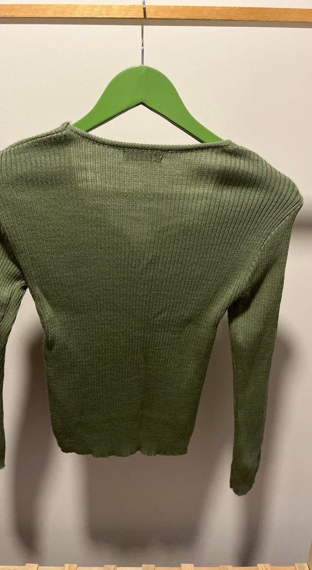 V Yaka Fitilli Yeşil Kadın Triko Kazak - Görsel 3