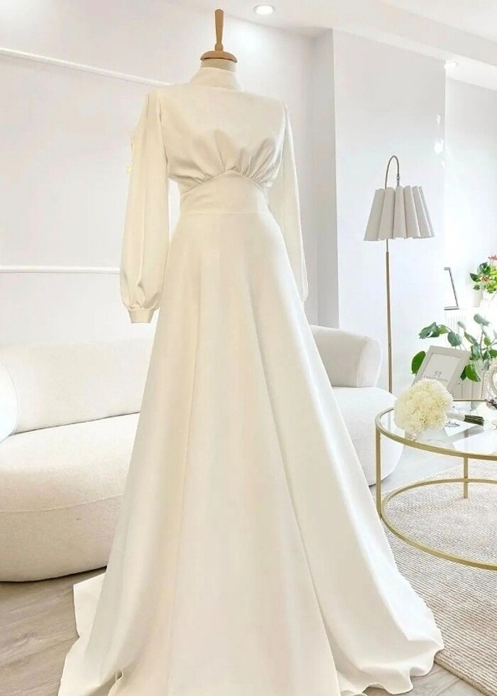 Zarif tesettür beyaz nikah elbisesi - Görsel 3