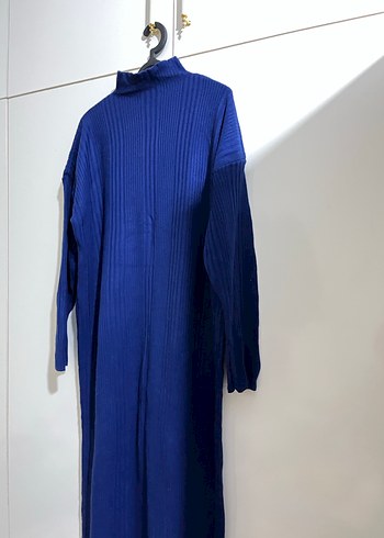 Kadın Mavi Pilili Boğazlı triko elbise - Görsel 5