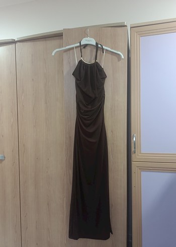 Kahverengi Drapeli Uzun Askılı Elbise - Görsel 2