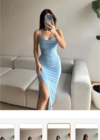 Mavi Drapeli Uzun İnce Askılı Elbise - Görsel 3