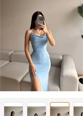 Mavi Drapeli Uzun İnce Askılı Elbise - Görsel 4