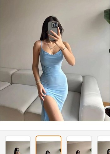 Mavi Drapeli Uzun İnce Askılı Elbise - Görsel 2