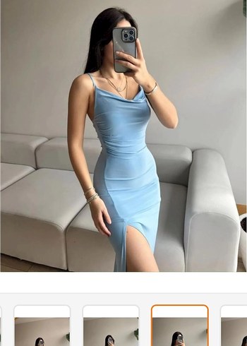 Mavi Drapeli Uzun İnce Askılı Elbise - Görsel 5