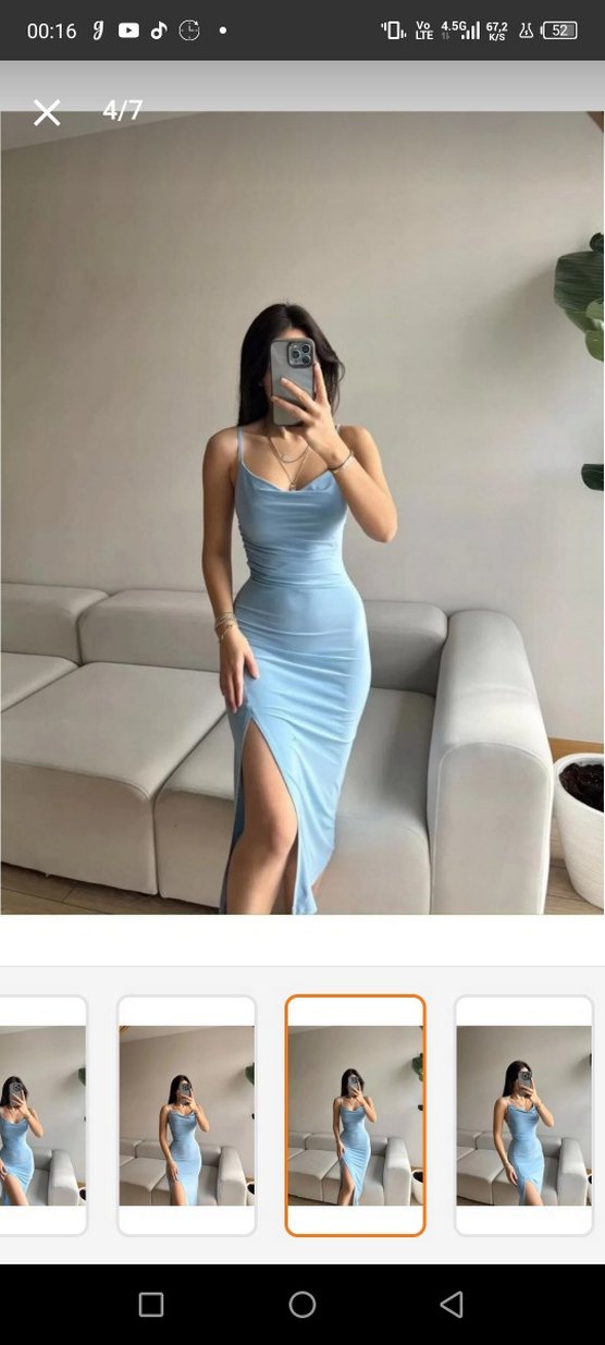 Mavi Drapeli Uzun İnce Askılı Elbise - Görsel 3