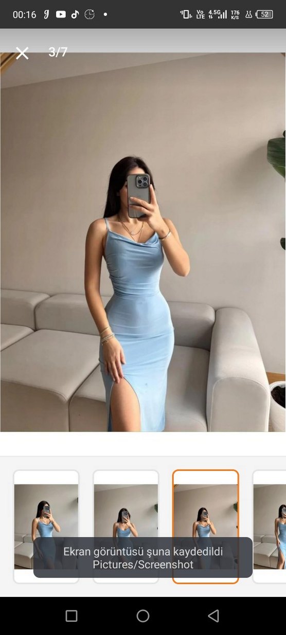 Mavi Drapeli Uzun İnce Askılı Elbise - Görsel 4