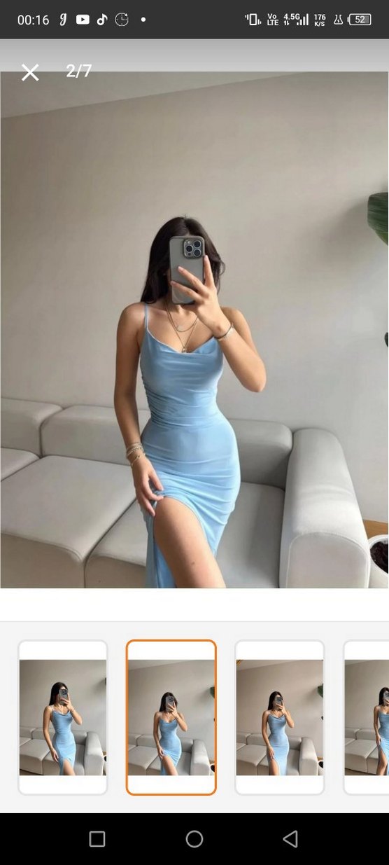 Mavi Drapeli Uzun İnce Askılı Elbise - Görsel 2