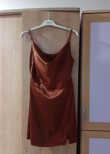 Kahverengi Mini ince askılı Kokteyl Elbise - Görsel 4