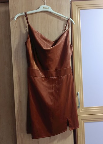 Kahverengi Mini ince askılı Kokteyl Elbise - Görsel 2