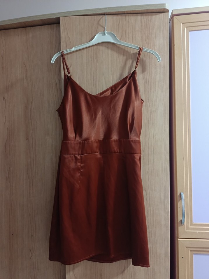 Kahverengi Mini ince askılı Kokteyl Elbise - Görsel 3