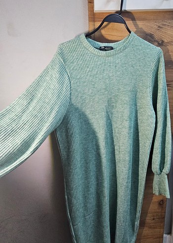 Uzun Kollu Turkuaz Triko Elbise - Görsel 3