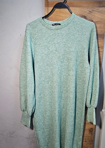 Uzun Kollu Turkuaz Triko Elbise - Görsel 2