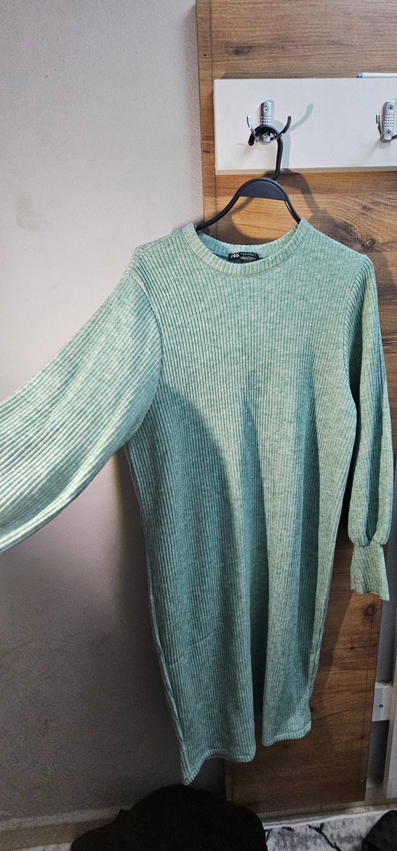 Uzun Kollu Turkuaz Triko Elbise - Görsel 3