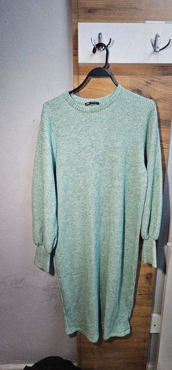 Uzun Kollu Turkuaz Triko Elbise - Görsel 2