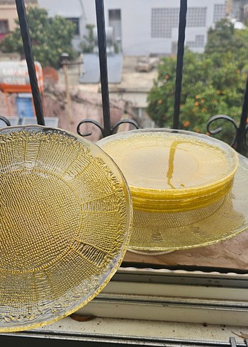 Parlak Altın Renkli Cam Servis Tabağı ve Pasta Tabağı Seti - Görsel 4