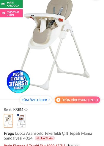 Prego Lucca Asansörlü Tekerlekli Mama Sandalyesi