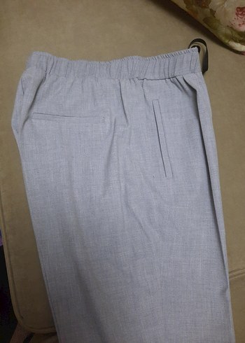 Gri Regular Fit Keten Beli lastikli Kadın Pantolon - Görsel 5