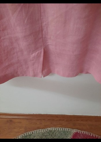 Pembe Keten Midi Kadın Elbise yuvarlak Yakalı - Görsel 8