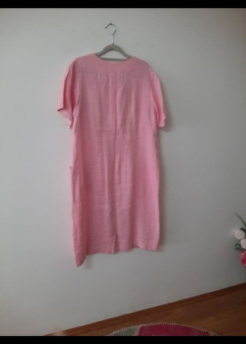 Pembe Keten Midi Kadın Elbise yuvarlak Yakalı - Görsel 3