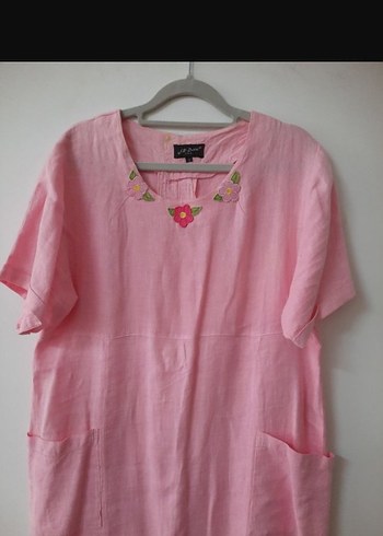 Pembe Keten Midi Kadın Elbise yuvarlak Yakalı - Görsel 4