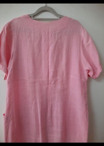 Pembe Keten Midi Kadın Elbise yuvarlak Yakalı - Görsel 7