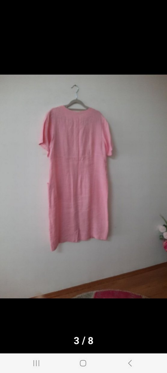 Pembe Keten Midi Kadın Elbise yuvarlak Yakalı - Görsel 3