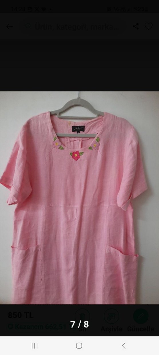 Pembe Keten Midi Kadın Elbise yuvarlak Yakalı - Görsel 4