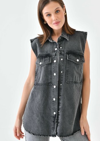 diğer Beden Gri Batik Desenli Kolsuz Denim Ceket