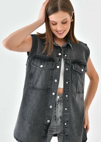 Gri Batik Desenli Kolsuz Denim Ceket