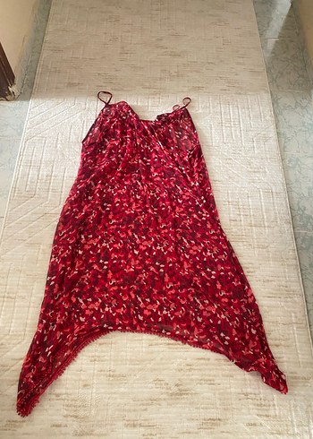 Kırmızı Drape Detaylı Askılı pareo elbise