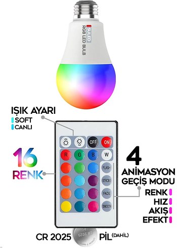 Beden 10W RGB KUMANDALI LED AMPUL ÇOK RENKLİ