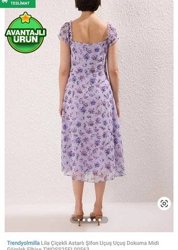 Trendyolmilla Lila Çiçekli Midi Elbise - Görsel 2