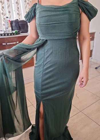 Yeşil Drapeli Uzun Abiye Elbise - Görsel 2