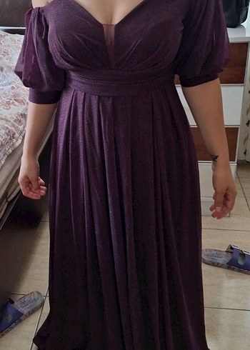 Parlak Mor Uzun V Yakalı Kadın Abiye Elbise - Görsel 2