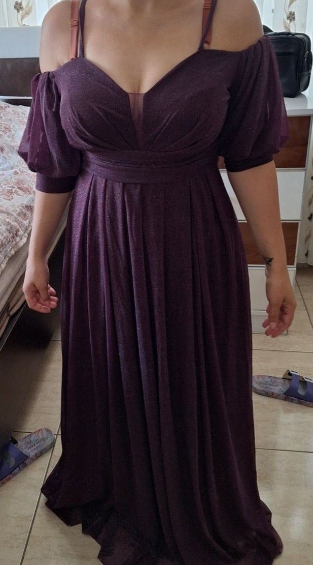 Parlak Mor Uzun V Yakalı Kadın Abiye Elbise - Görsel 2