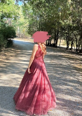 Taç Pembe V Yaka Uzun Drapeli Abiye Elbise