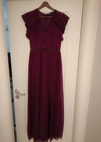 Bordo Uzun Kollarsız Fırfırlı Vintage Elbise