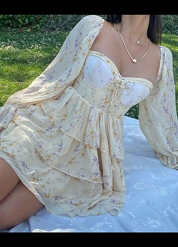 H&M Krem mini elbise korseli prenses elbise