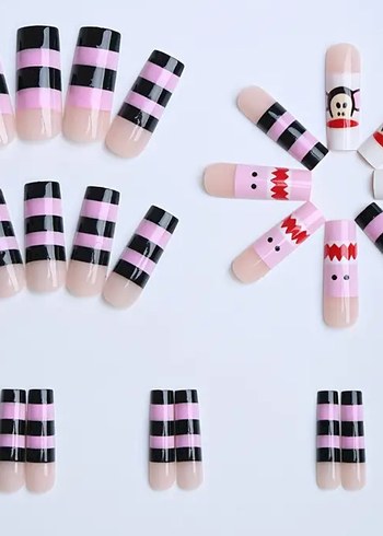 Pembe Siyah Çizgili Takma Tirnak - Görsel 2