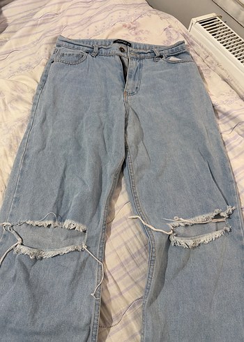 Diğer Acik Mavi Rahat Kesim Yirtik Denim Jean