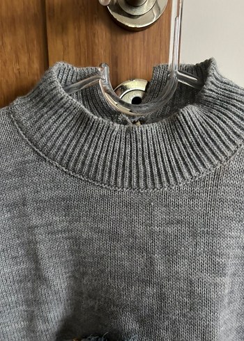 universal Beden Gri Triko ve Denim Detaylı Kadın Kazak